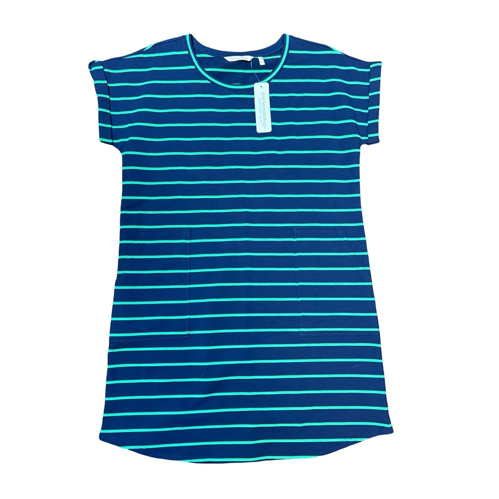 Soft Surroundings Fina French Terry Short Dress Navy Green Stripe M Nautical